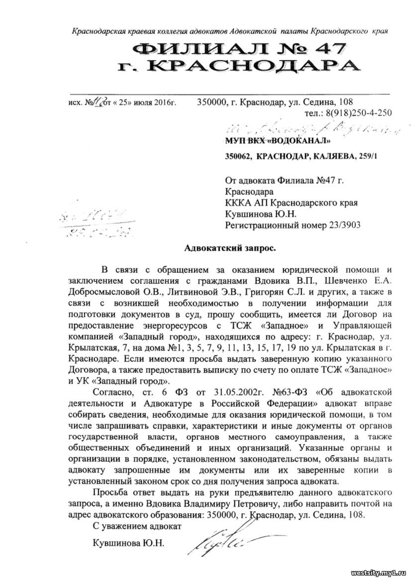 Образец адвокатского запроса по гражданскому делу